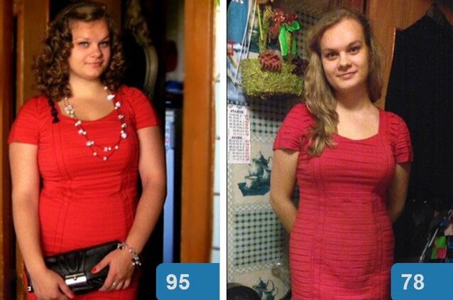 Jente før og etter å gå ned i vekt på 4 uker på Maggi-dietten